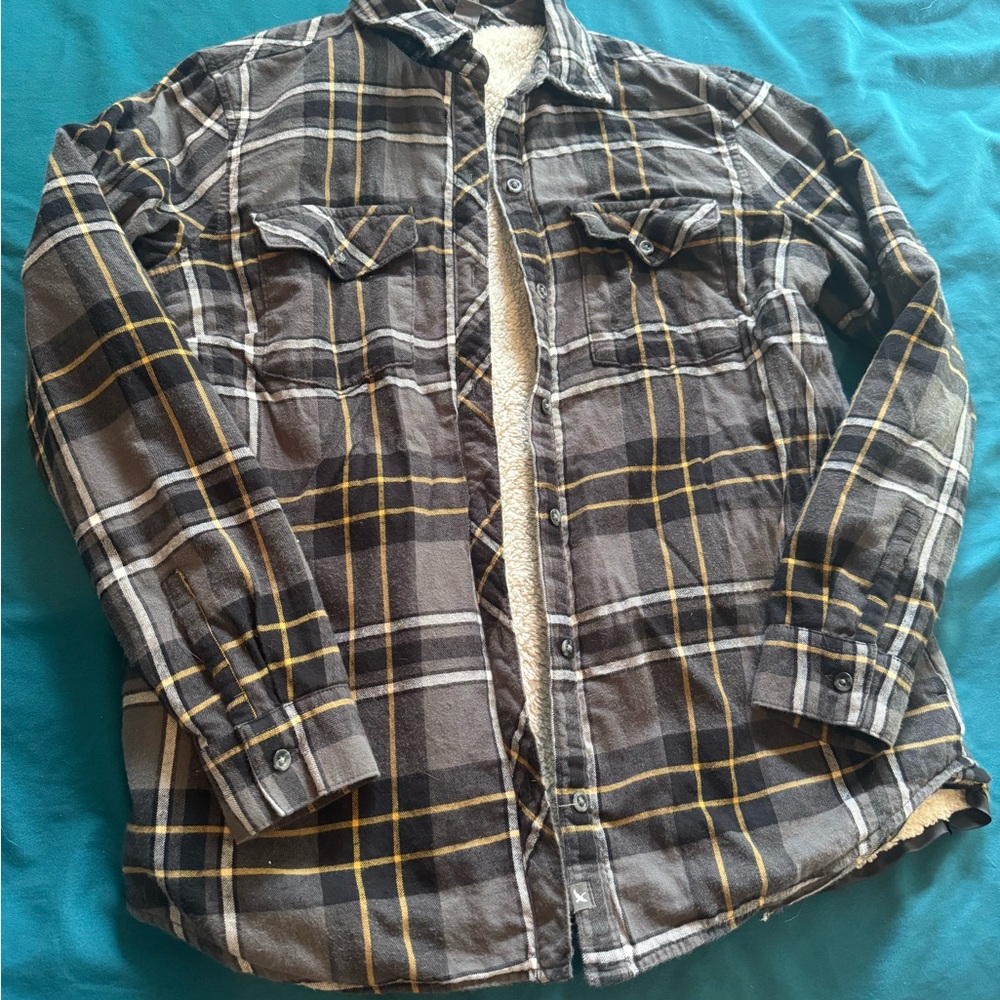 Eddie Bauer Gray Plaid Sherpa-Lined Shirt Jacket with Yellow Stripes